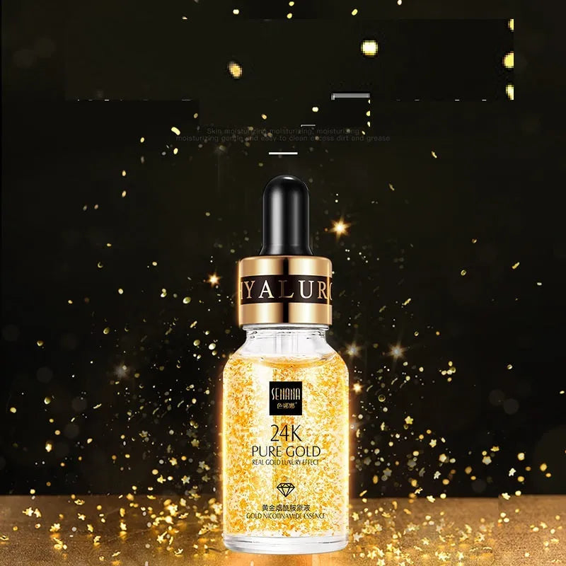 24K gold nicotinamide stock solution serum in bottle with dropper, lightweight gel formula for anti-aging and brightening