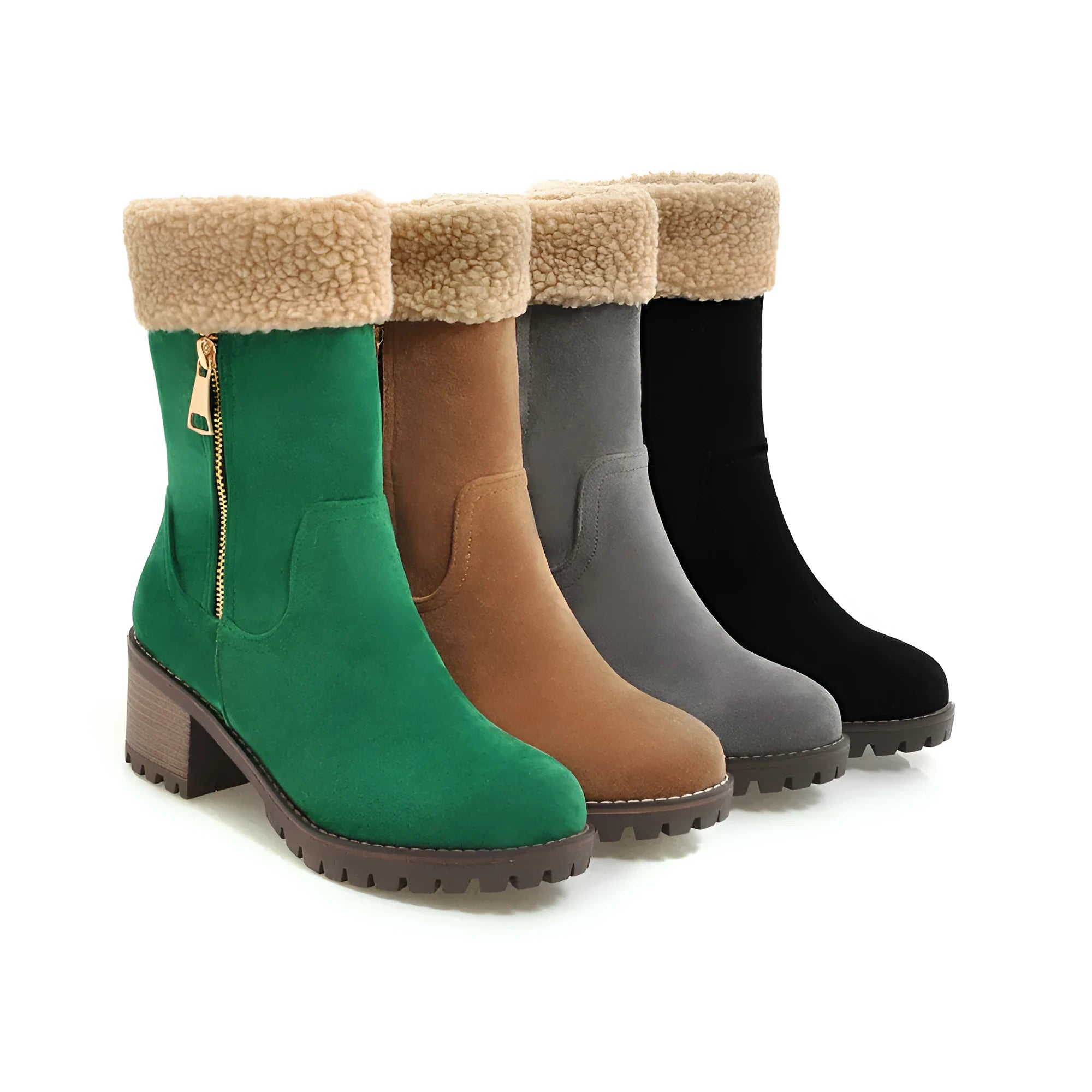 Snow boots in black, grey, green, and orange colours with a plush lining and rubber insole.