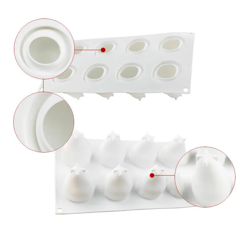 Silicone baking mould with pear, pineapple and pine cone cavities for Italian mousse desserts