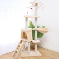Beige 140cm cat climber with sisal scratching posts and wool-covered platforms