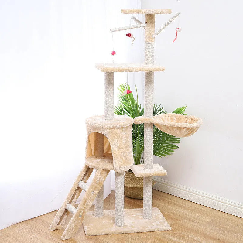 Beige 140cm cat climber with sisal scratching posts and wool-covered platforms