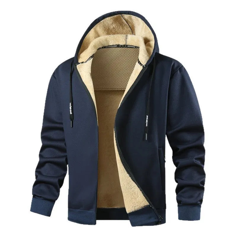 Men's hooded fleece-lined sweatshirt in black with side pockets, loose fit for casual winter wear