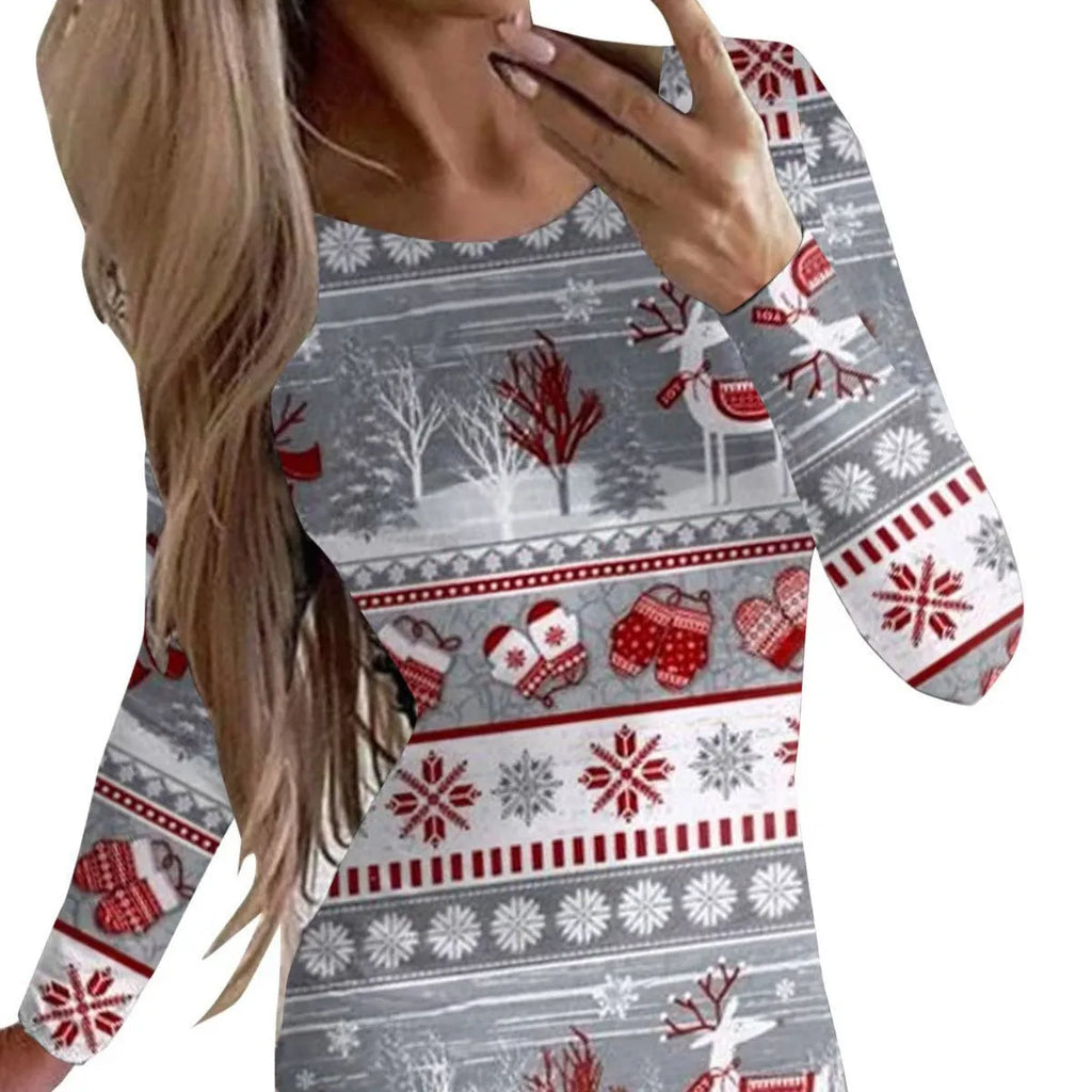 Christmas printed animal pattern dress with round neck and long sleeves in floral colour variation