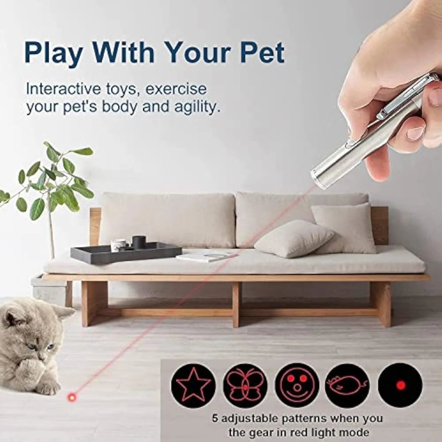 Silver aluminium alloy cat laser pointer wand with USB charging port and pattern selection gear
