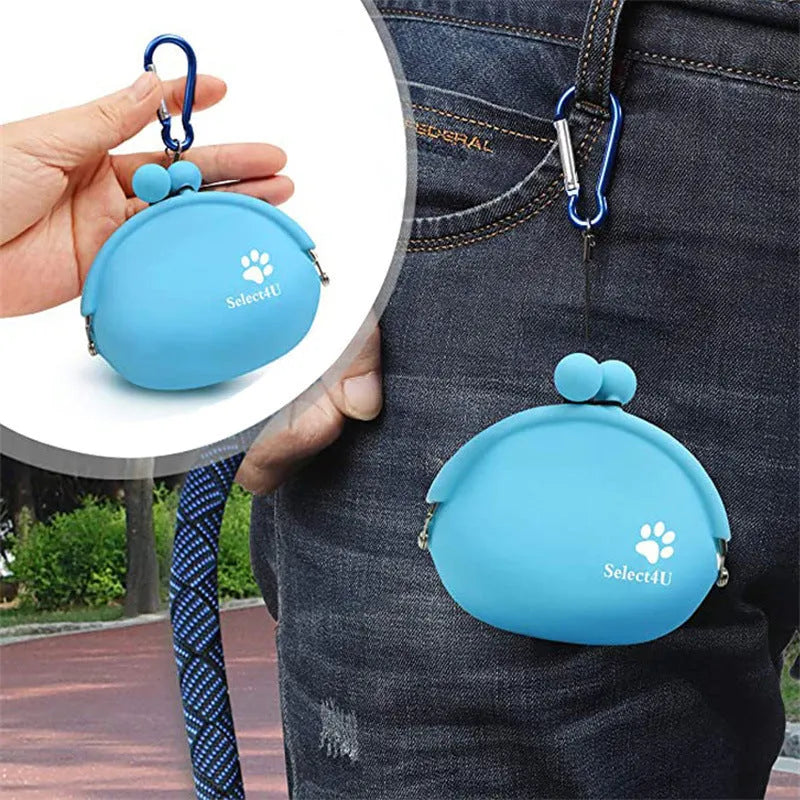 Yellow silicone dog training treat pouch with hook & loop closure showing 9x9.5cm dimensions