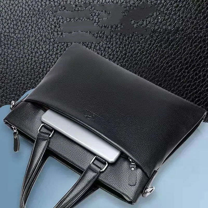 Men's black and brown PU leather messenger bag with shoulder strap measuring 35x30x4cm