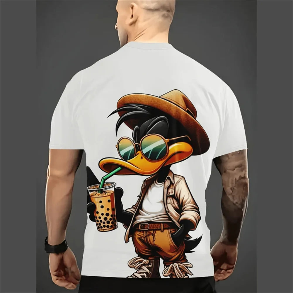 Men's loose fit cartoon print t-shirt in milk silk blend fabric showing 3D design detail