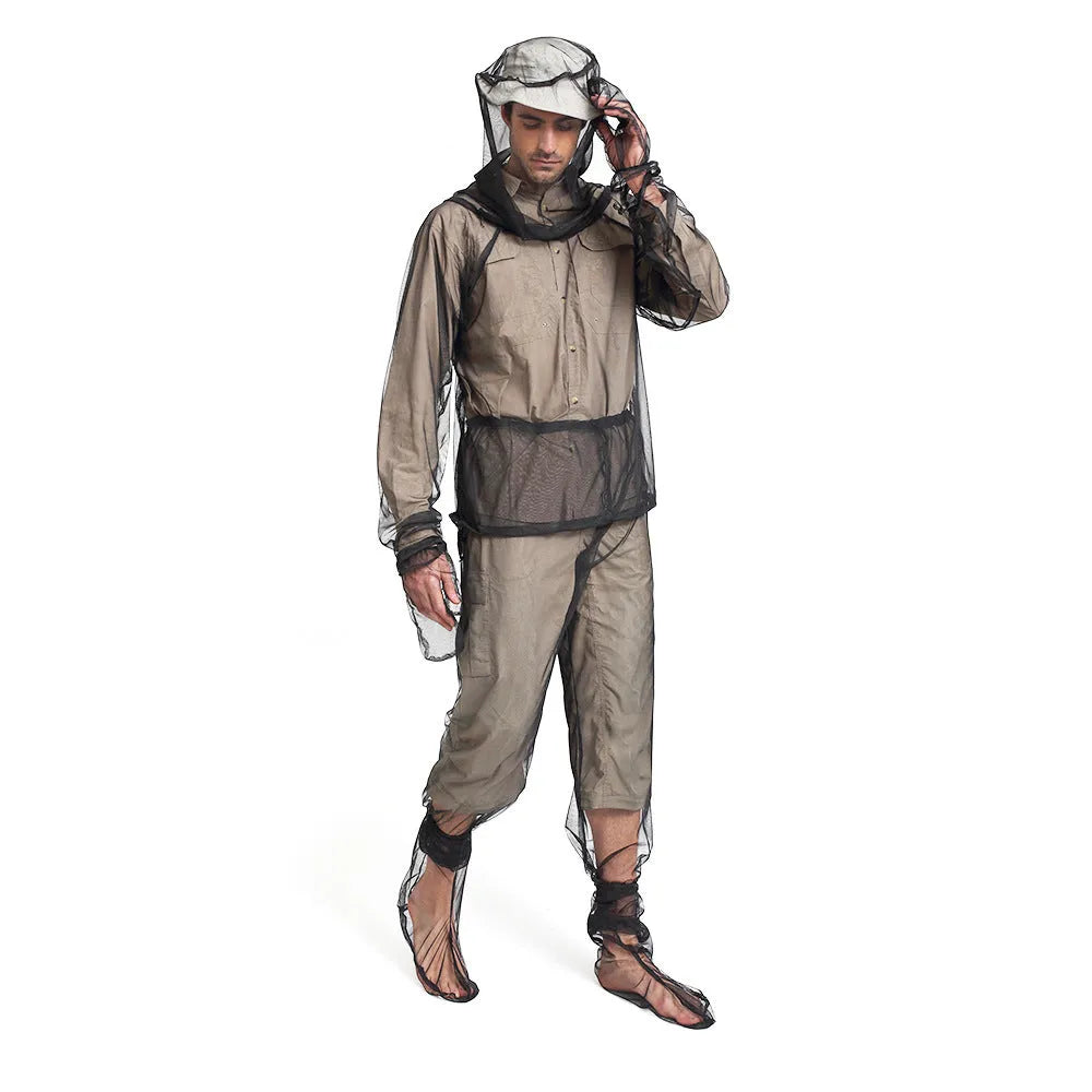 Mesh anti-mosquito suit with hood, pants and booties for summer outdoor activities