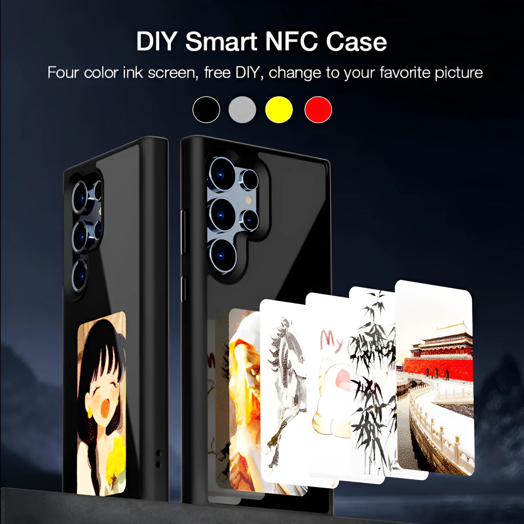 Four-colour NFC e-ink screen phone case for Samsung S24+ with black tempered glass backplate and electroplated finish