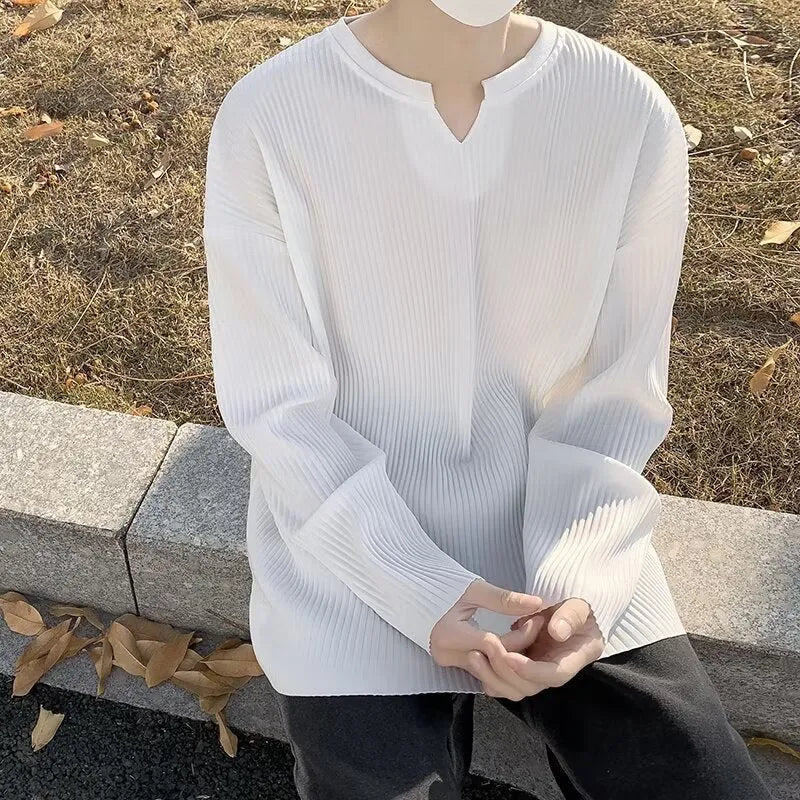 Plus size striped texture pullover in polyester, shown in black, grey, and white colour options
