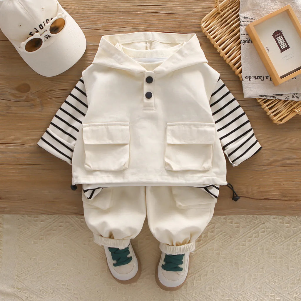 Boys cotton striped hoodie vest and trousers three-piece set in beige showing front view
