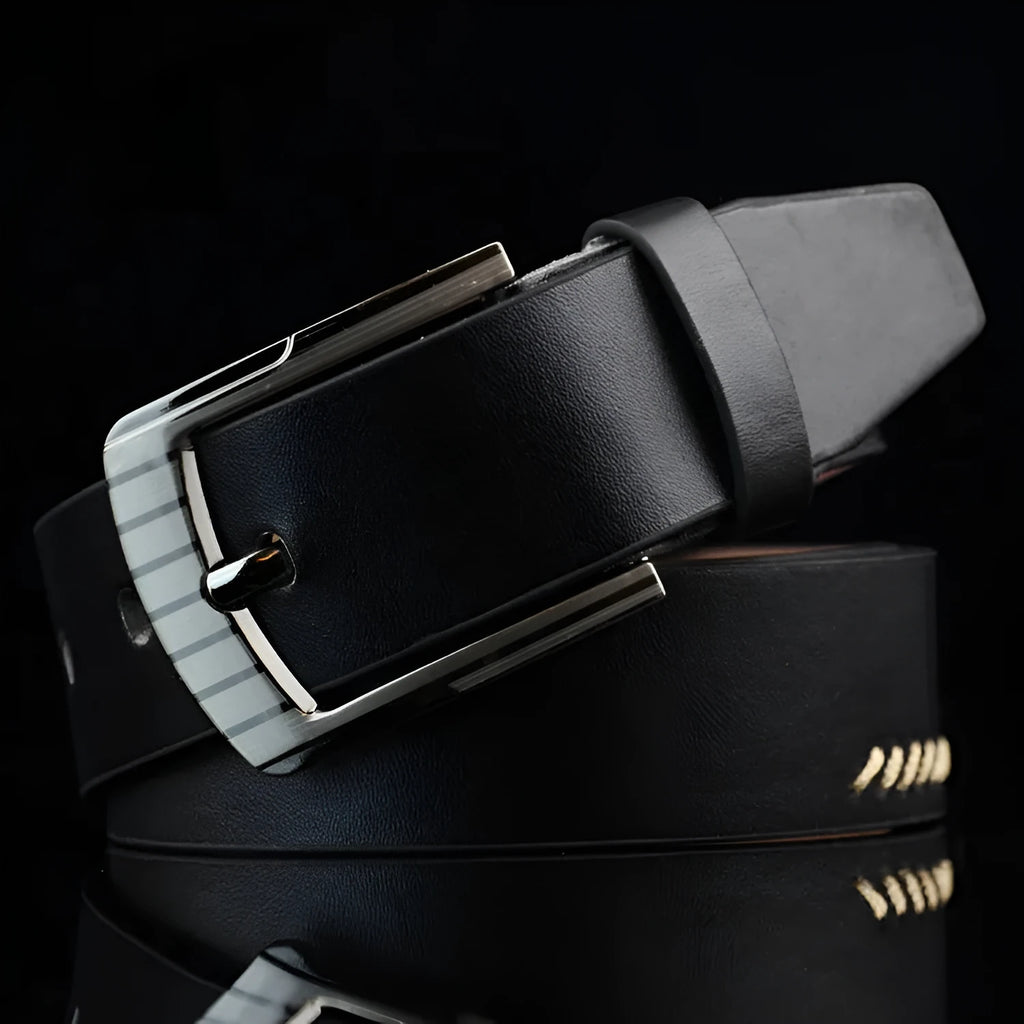 Men's retro pattern belt with alloy pin buckle in black, brown and white colour options