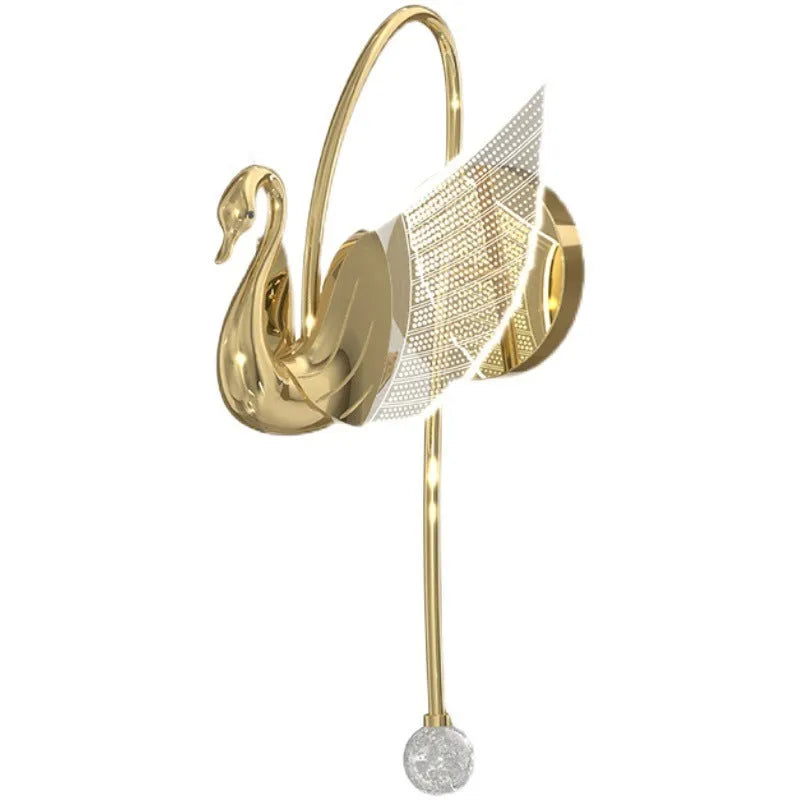 Gold swan-shaped modern minimalist wall lamp with acrylic shade on a wall.