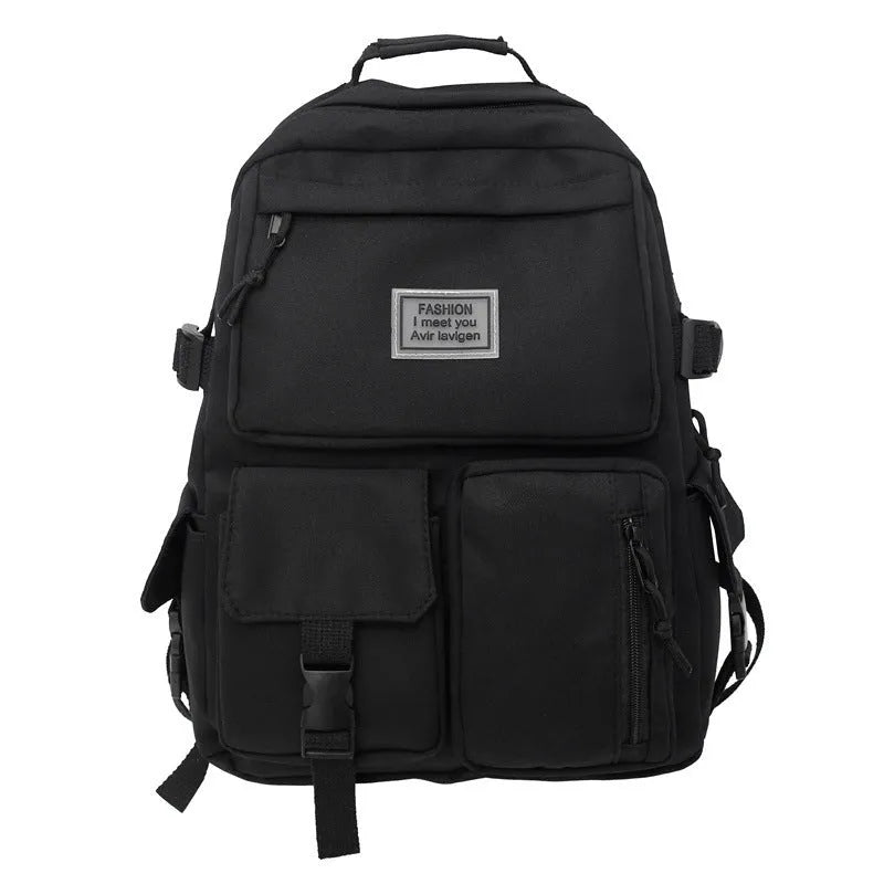 Soft nylon student backpack in black with laptop compartment and three-dimensional pocket