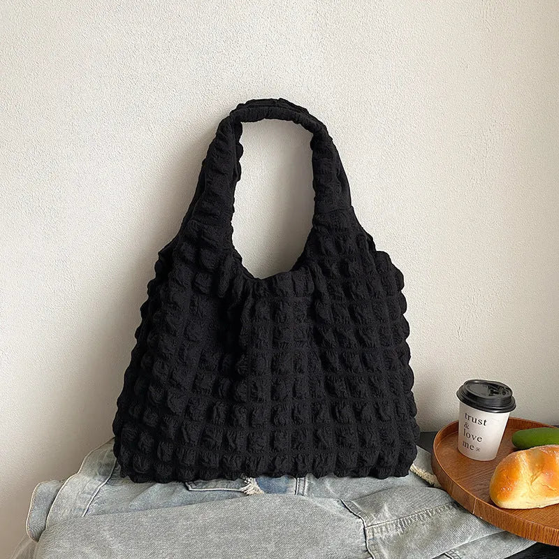 Cute pleated puff shoulder bag for women – canvas, solid colour, large capacity, top width 45cm, height 31cm
