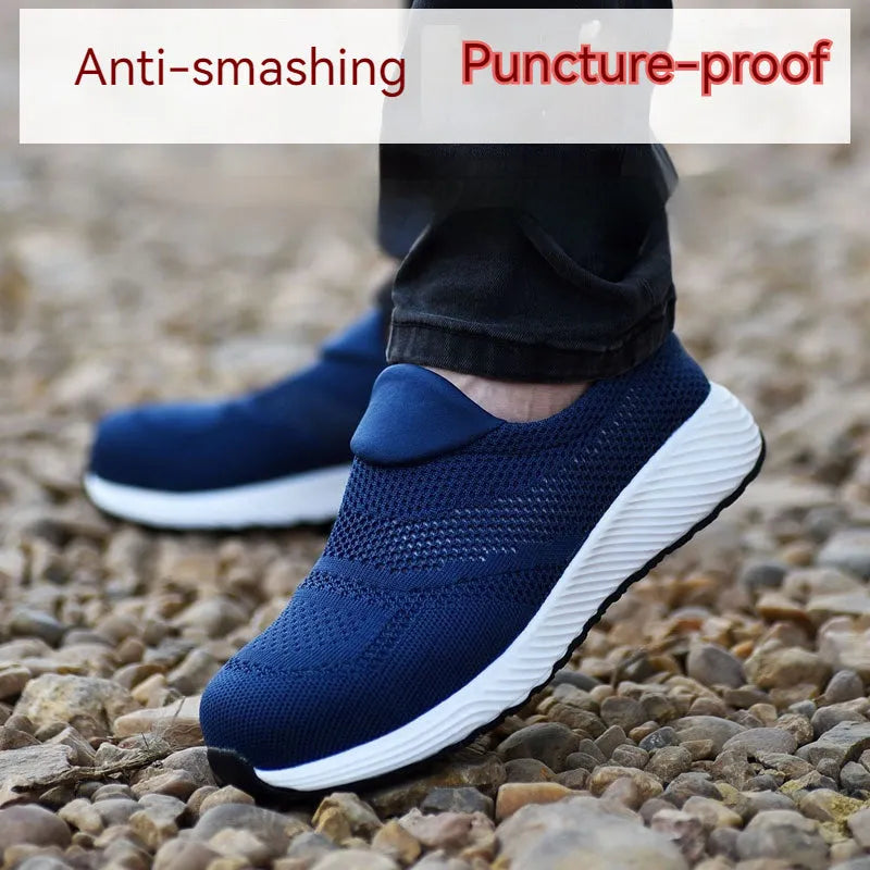 Men's lightweight mesh safety work shoes with steel toe cap in black, blue, and red colour options