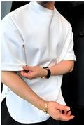White men's T-shirt with button detail on collar and round hem