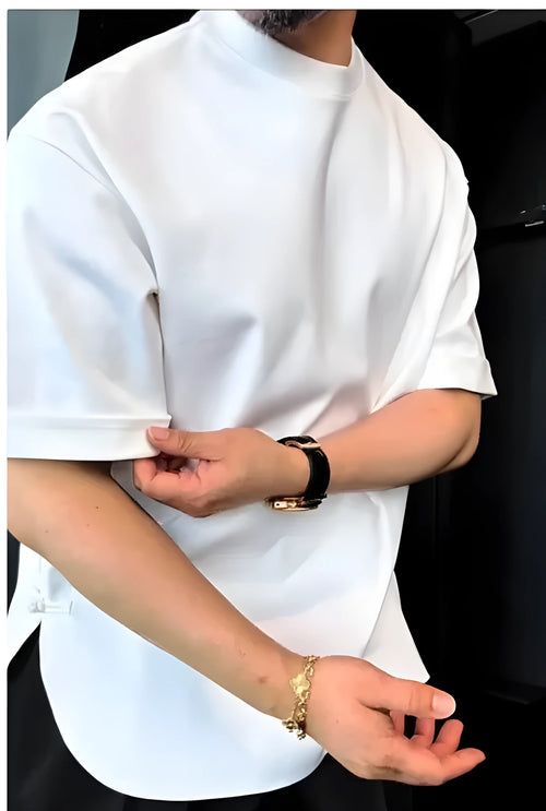 White men's T-shirt with button detail on collar and round hem