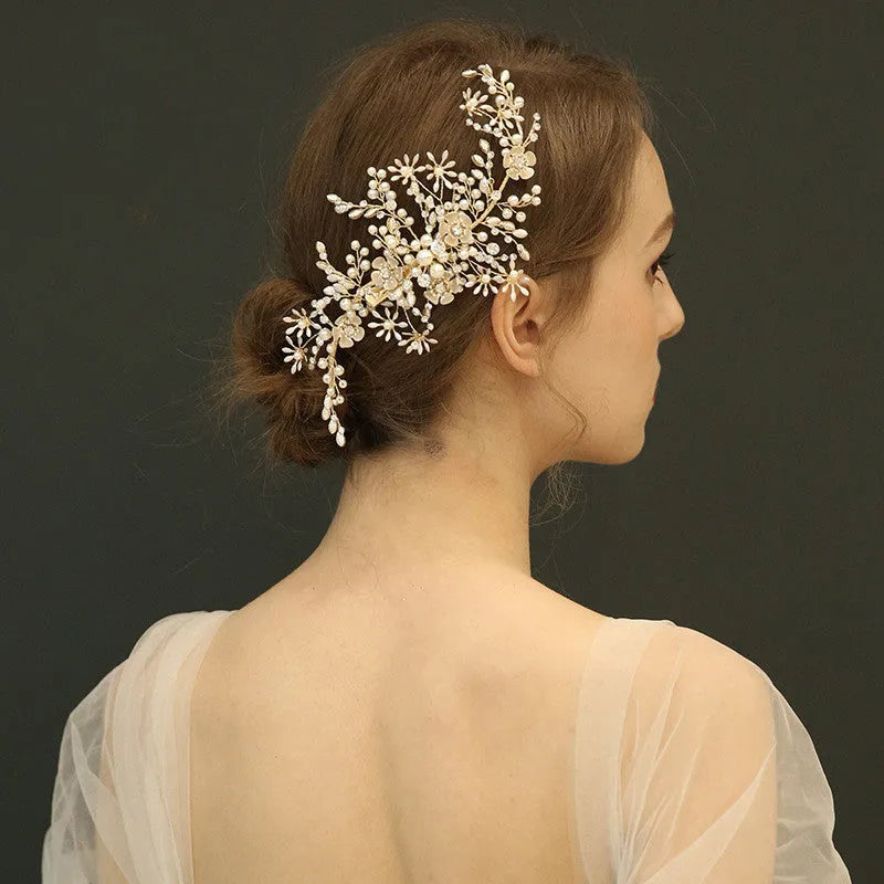 Light gold handmade bridal headdress side clip, 19x10cm, with pearl, iron flower and rhinestone detail