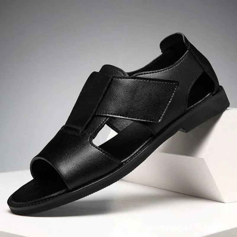 Men's black and brown Roman-style leather sandals with open-toe design and rubber soles