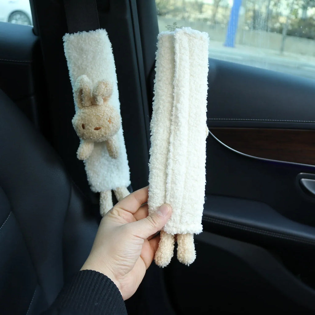 Cartoon plush car seat belt shoulder protector in lamb wool with rabbit or bear designs