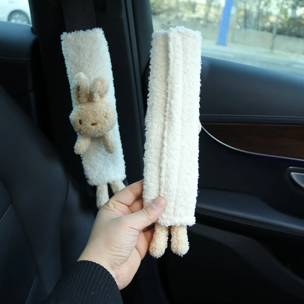 Cartoon plush car seat belt shoulder protector in lamb wool with rabbit or bear designs