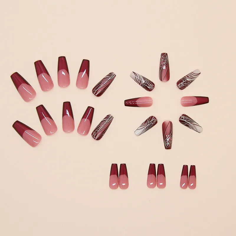 French line pattern false nails with glue tube, 24-piece press-on nail set