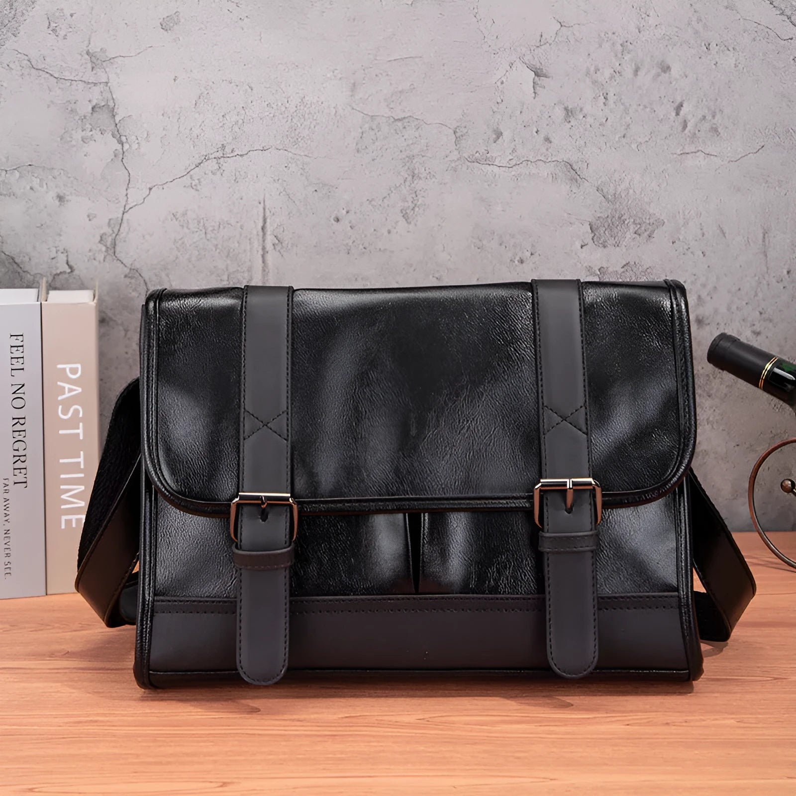 Black Korean-style men's commuter backpack with anti-theft function and PU material construction.
