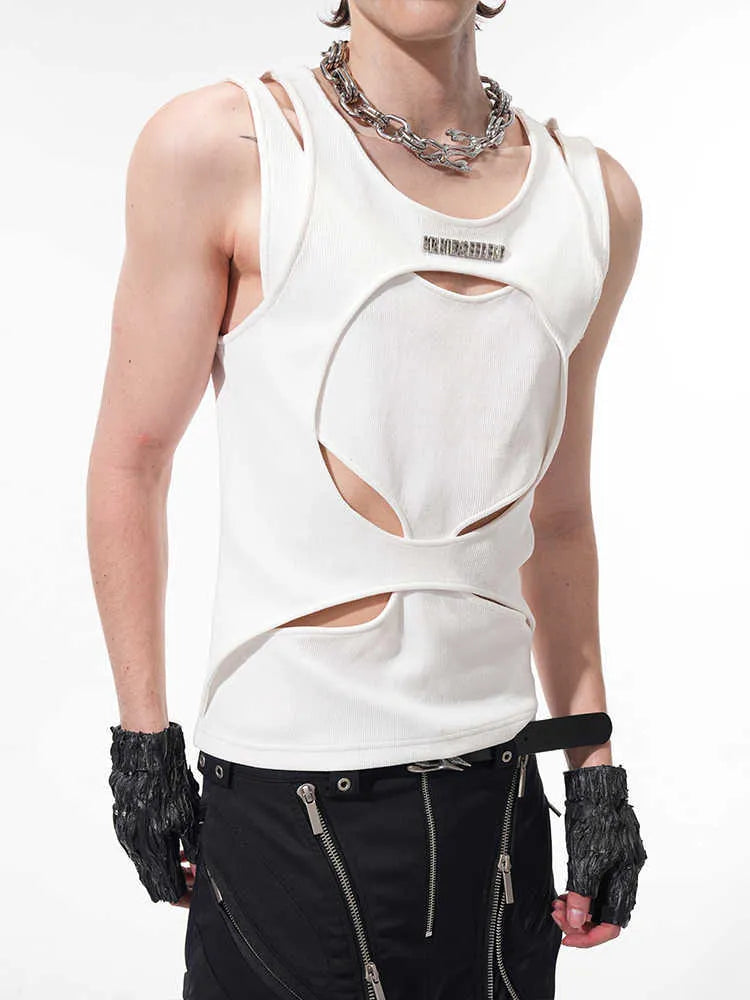 Men's hollow thread summer waistcoat round neck vest in black or white