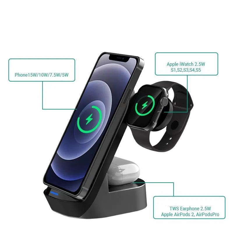 Dark grey foldable 3-in-1 wireless charging stand with phone, watch and earbuds charging simultaneously