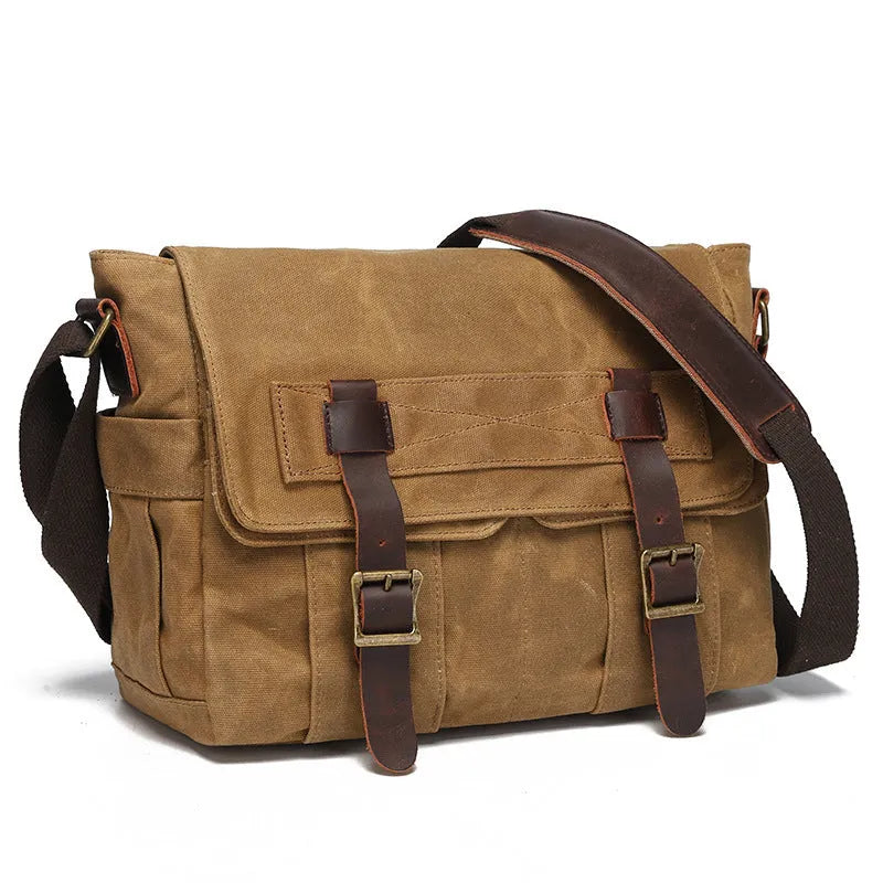 Water-repellent waxed camera shoulder bag in canvas and first layer cowhide leather with curved shoulder strap