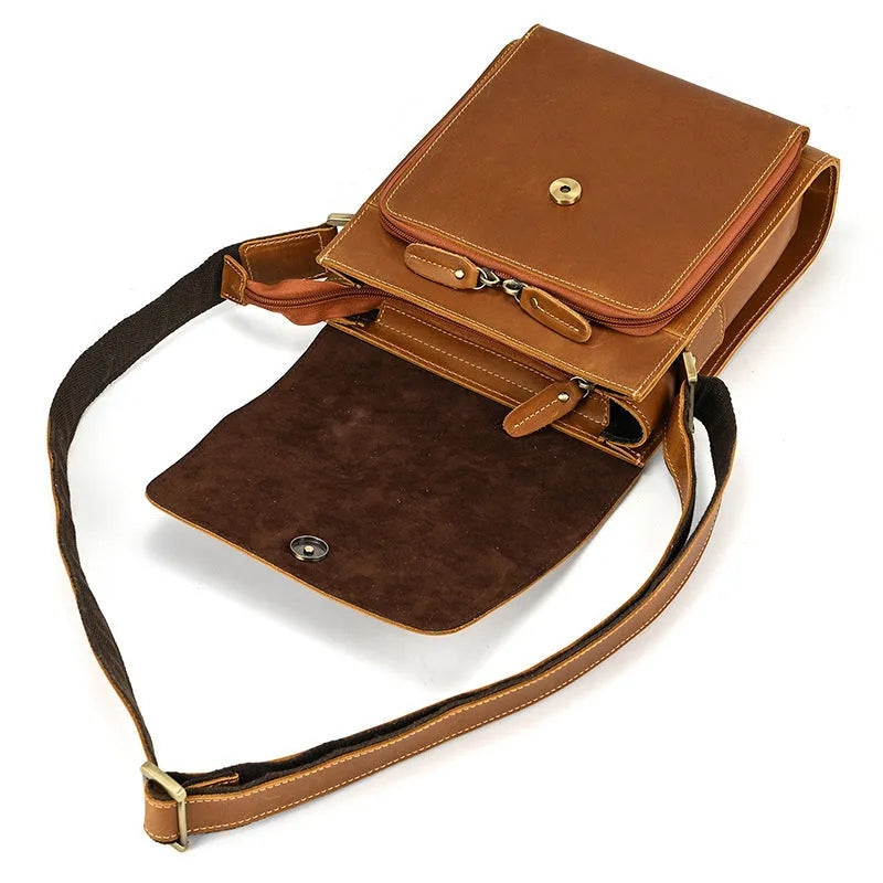 Men's brown leather crossbody bag with first layer cowhide and European retro styling