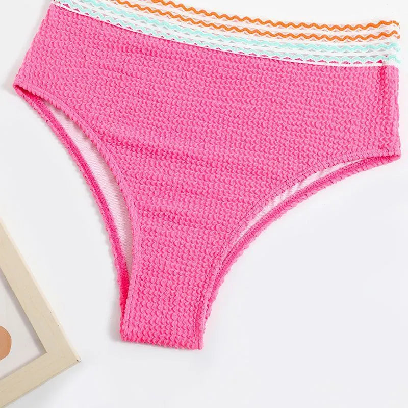 High waist split bikini swimwear set in solid colour nylon fabric showing front view