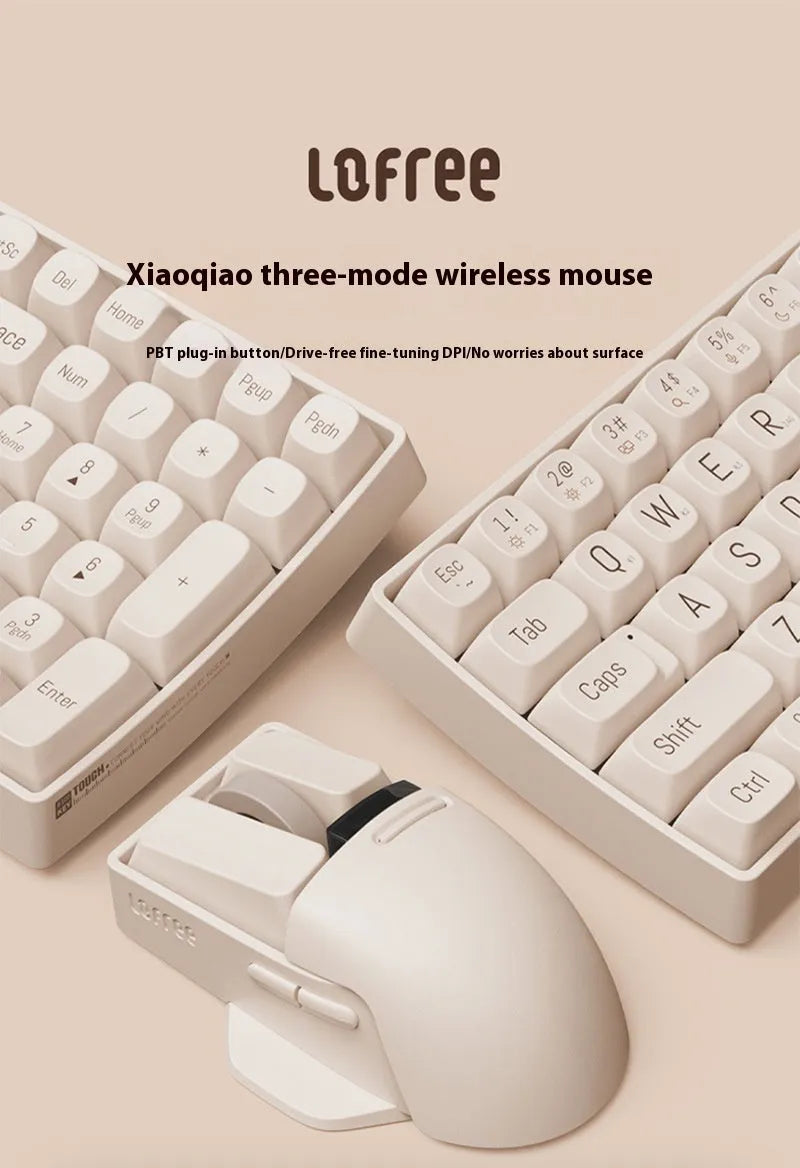 Xiaoqiao three-mode wireless mouse in matte finish showing ergonomic right-hand design with USB receiver and charging cable