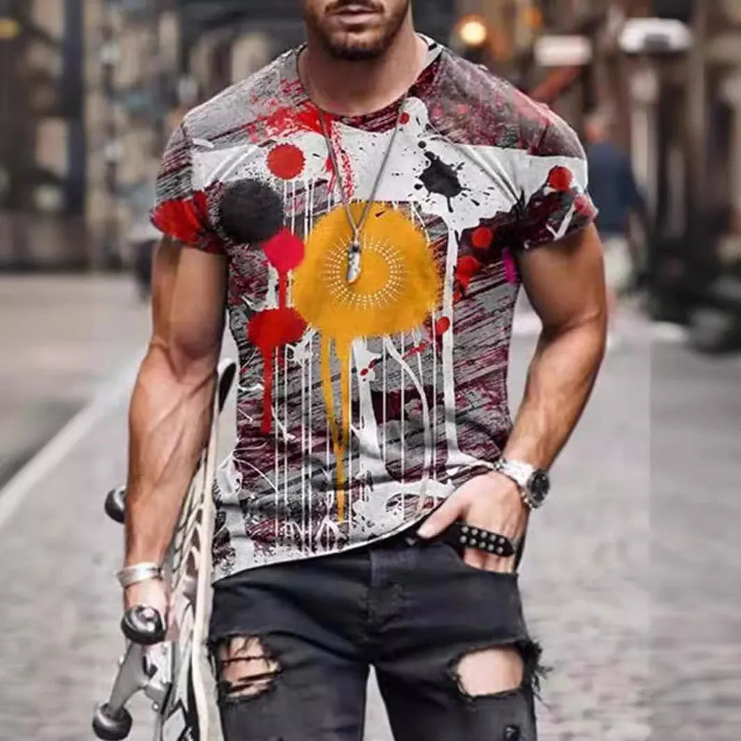 Men's camouflage print short-sleeved t-shirt in milk silk polyester, loose fit pullover style