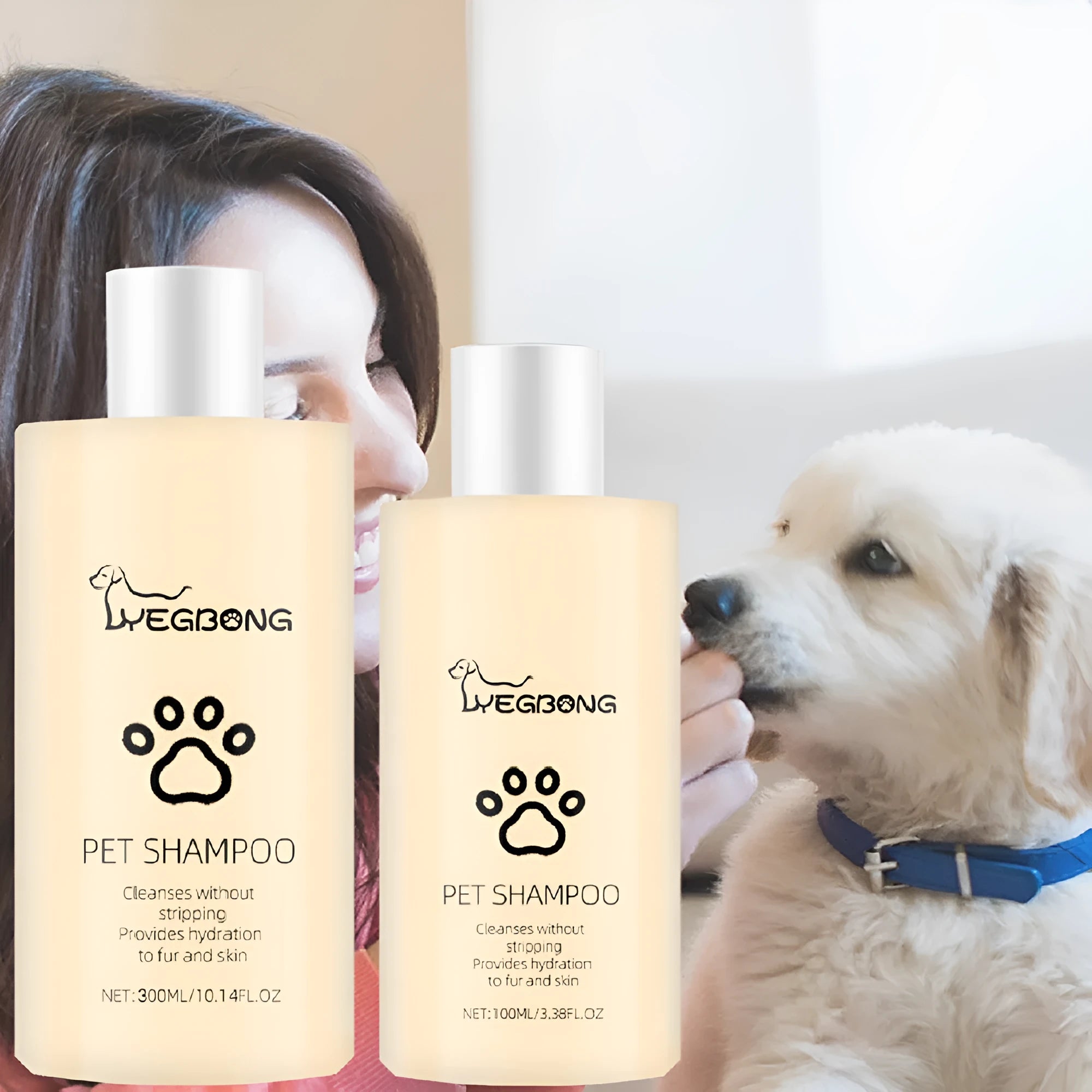 Bottle of mild pet shampoo for dogs for softening and detangling coat, shown in 100ml and 300ml size options.