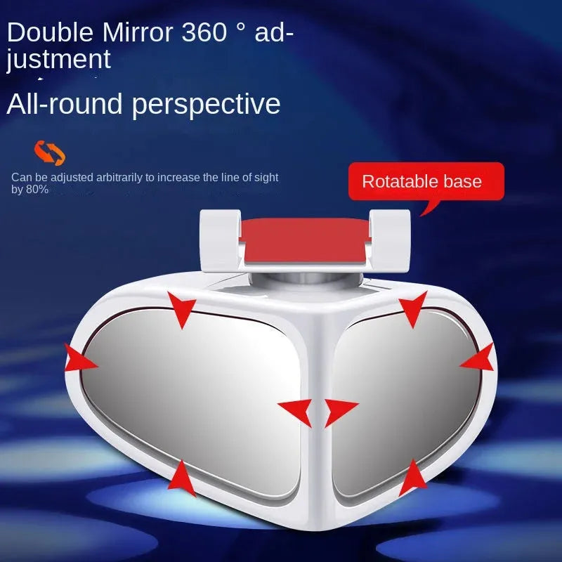 Small round wide-angle car reversing mirror with adjustable joint and adhesive backing.