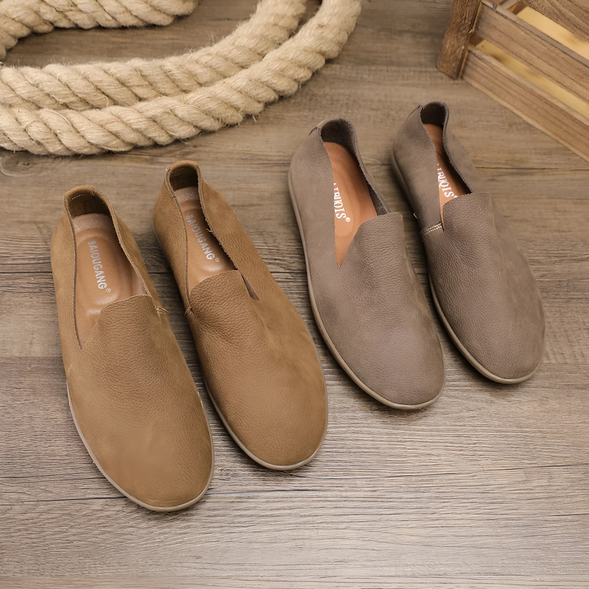 Handmade men's shoes in khaki or grey with cowhide upper, rubber sole, and wedge heel design