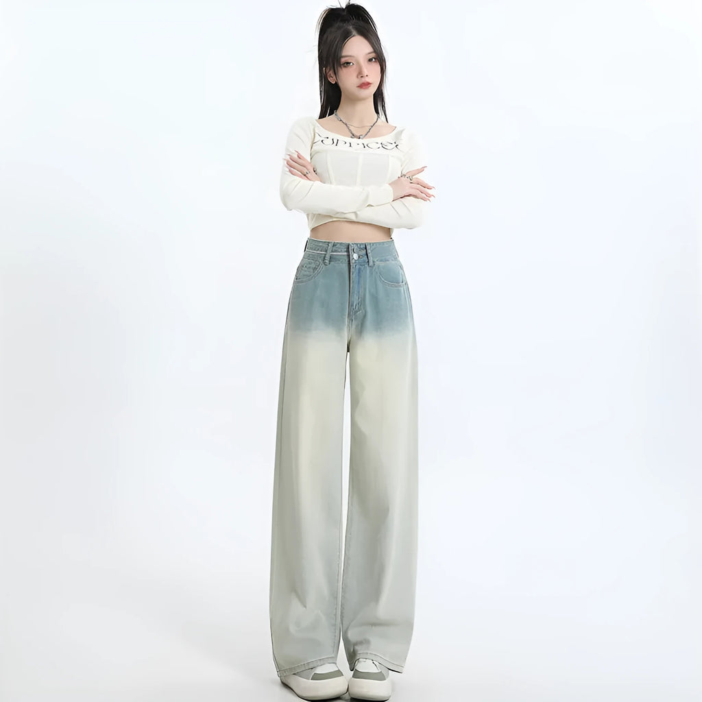 Women's gradient blue straight-leg wide trousers made from cotton denim fabric