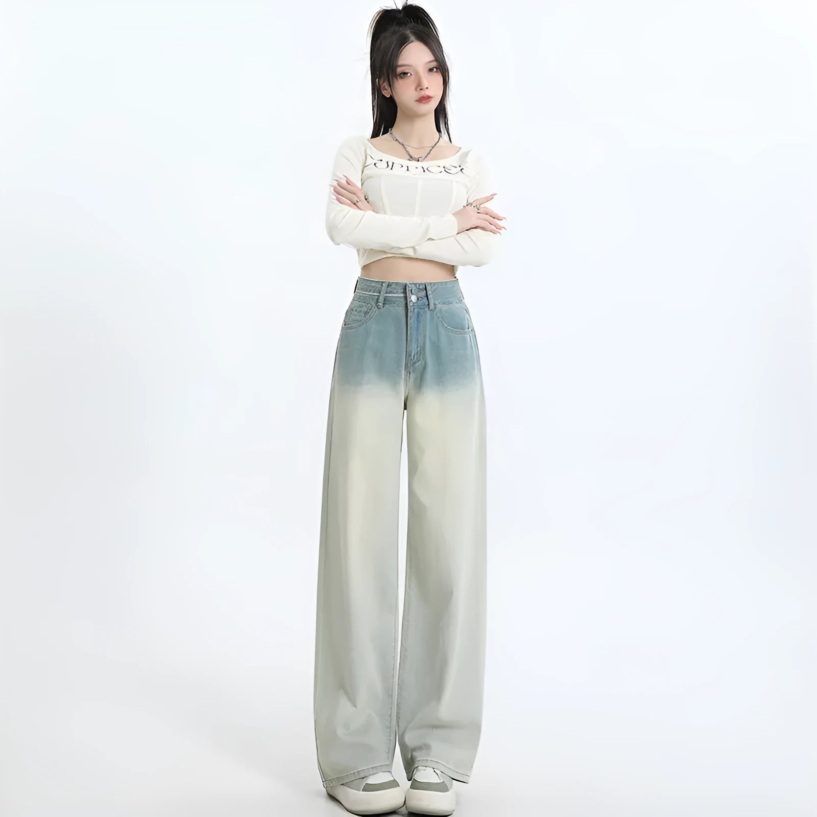 Women's gradient blue straight-leg wide trousers made from cotton denim fabric