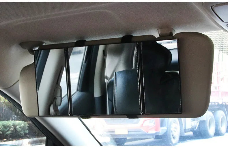 Silver folding car visor mirror shown opened to 30.5cm wide with ABS plastic frame