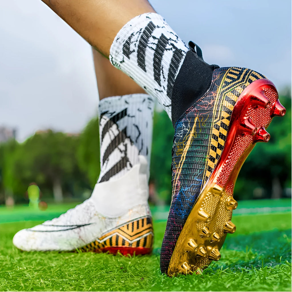High-top football training shoes with PVC sole in white, black and mandarin duck colours