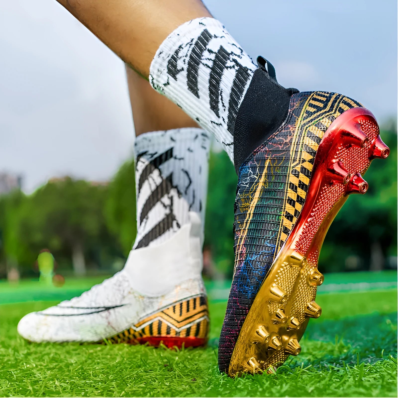 High-top football training shoes with PVC sole in white, black and mandarin duck colours