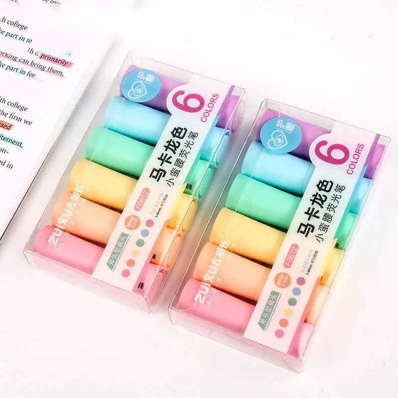 Set of six large capacity macaron colour marker pens with pastel tones in plastic shell bagged packaging