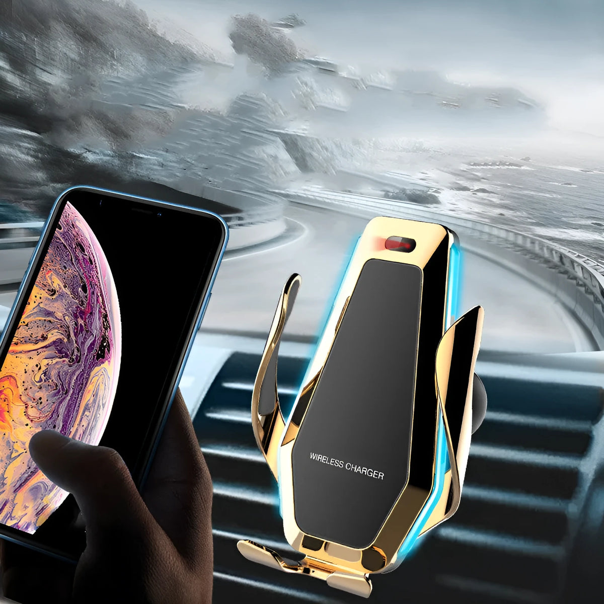 Automatic induction wireless car phone holder bracket in gold colour, 125x78x90mm, with Type-C input