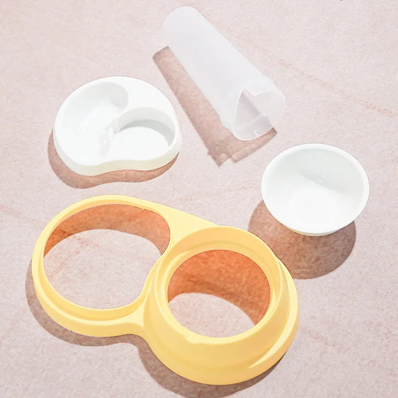 Grey and yellow pet dual feeding bowl with automatic water dispenser and neck protection design
