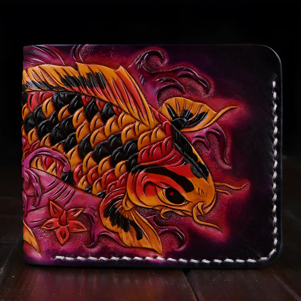 Men's cow leather wallet in red showing open closure and 10x12cm dimensions