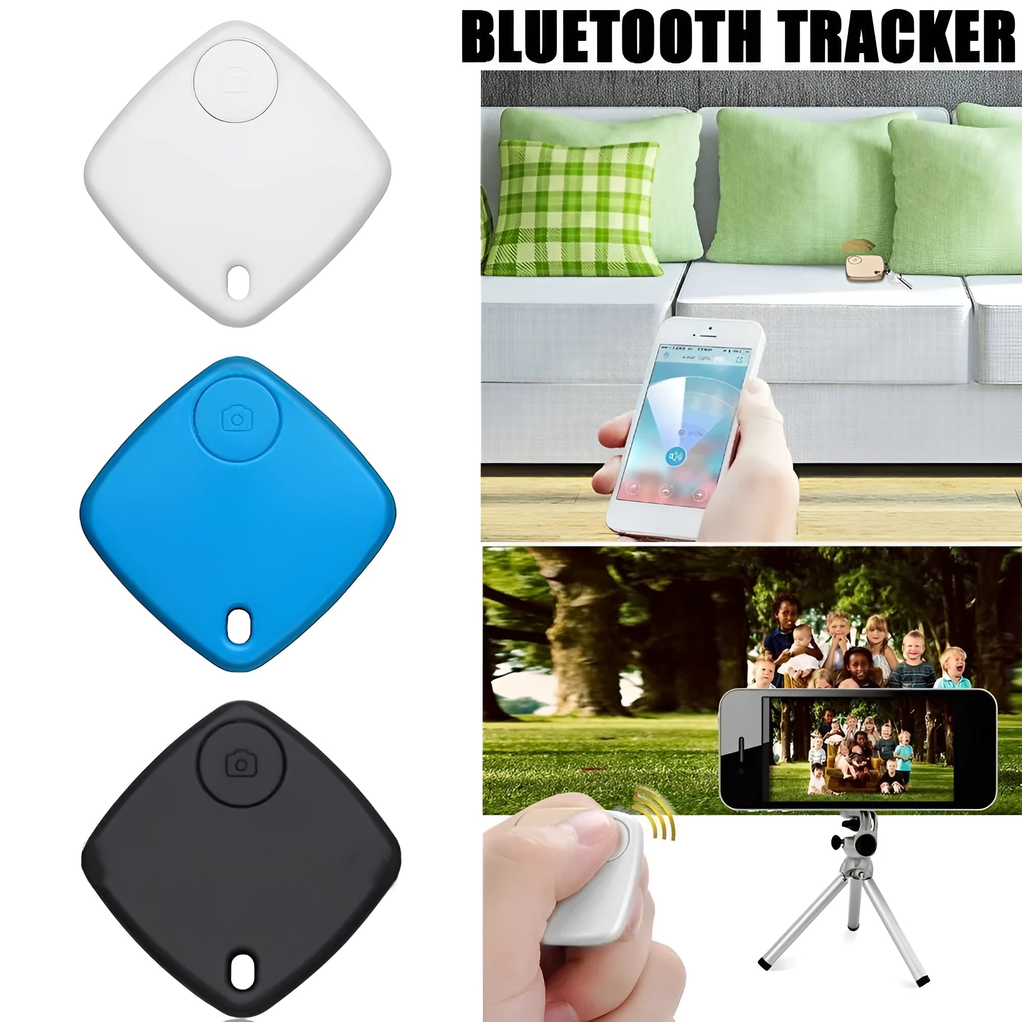 Small Bluetooth anti-lost tracker with key ring, 38mm diameter ABS plastic casing, available in black blue white