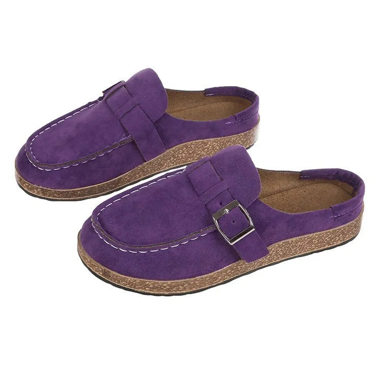 Frosted suede round head flat slippers with belt buckle detail, foam sole, in apricot colour