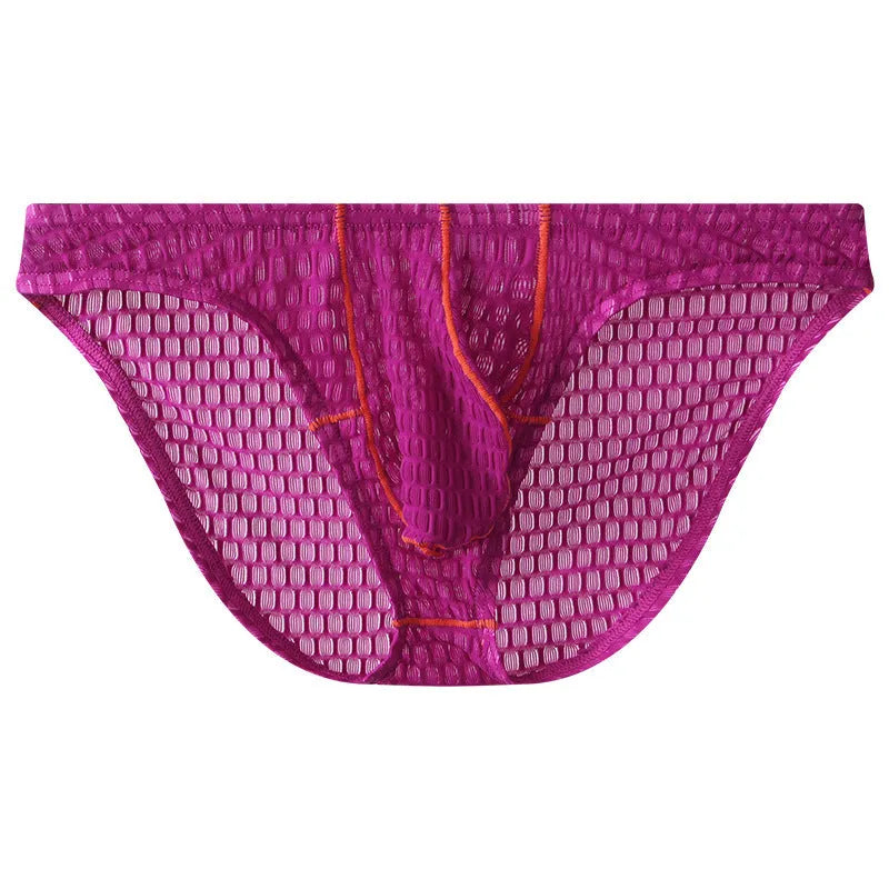 Men's solid colour ice silk lace low waist briefs for sports in white, black, green, rose red, and light purple.